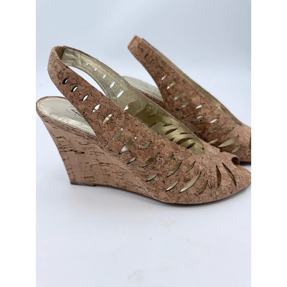 Adrianna Papell Wedge Heel Womens 10M Tan Cork/Leather Peep Toe Slingback Cutout